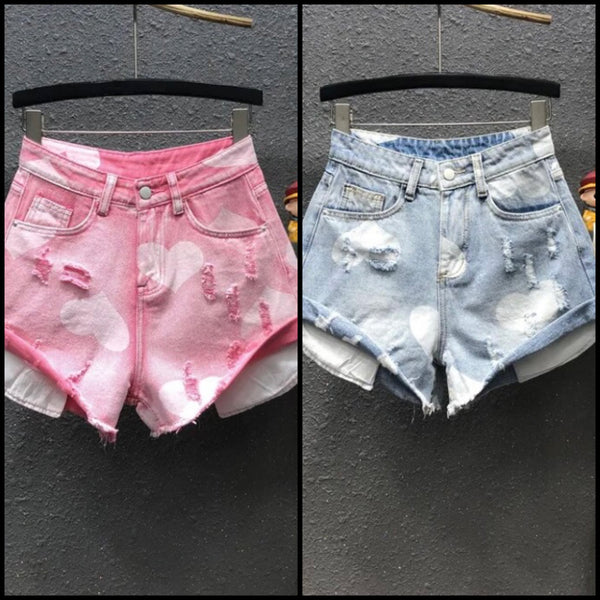 Women Fashion Ripped Heart Print Denim Shorts