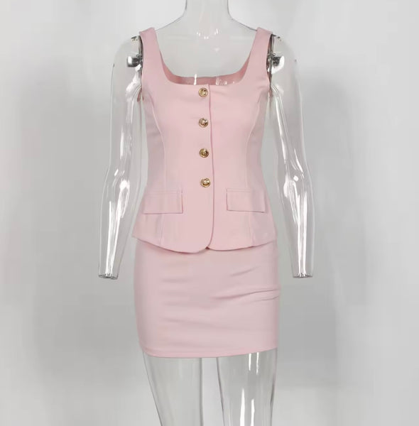 Women Sleeveless Button Up Blazer Sexy Two Piece Skirt Set