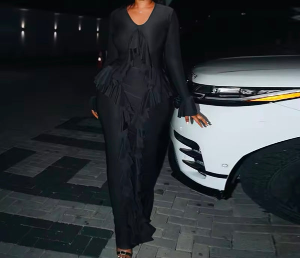 Women Sexy Black Ruffled Full Sleeve Maxi Dress