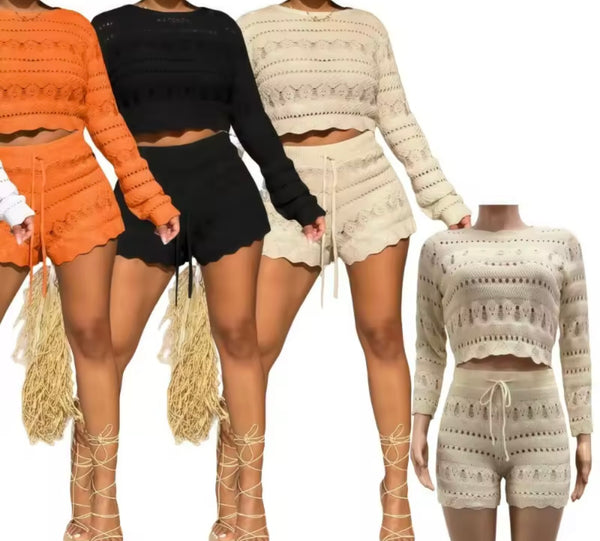 Women Color Fashion Full Sleeve Knitted Two Piece Short Set