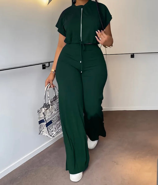 Women Fashion Zip Up Short Sleeve Fashion Two Piece Pant Set