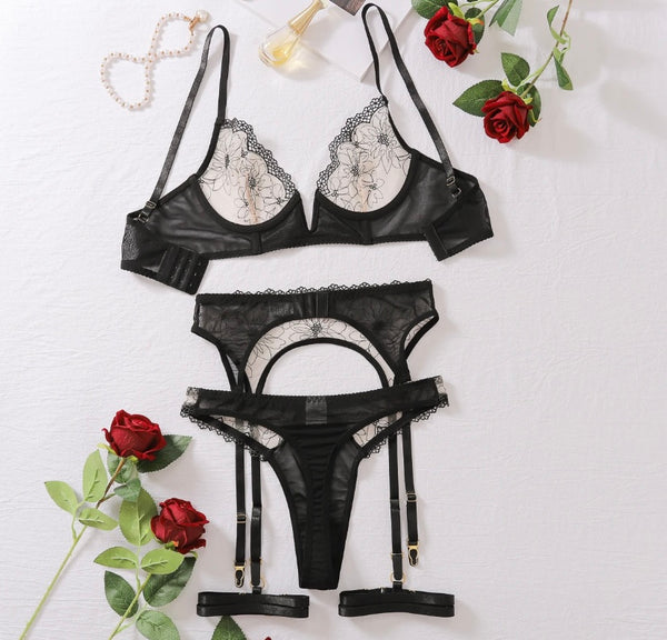 Women Sexy Black Floral Mesh Patchwork Lingerie Set