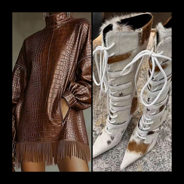 Women Fashion Mohair Lace Up Buckled Knee High Boots