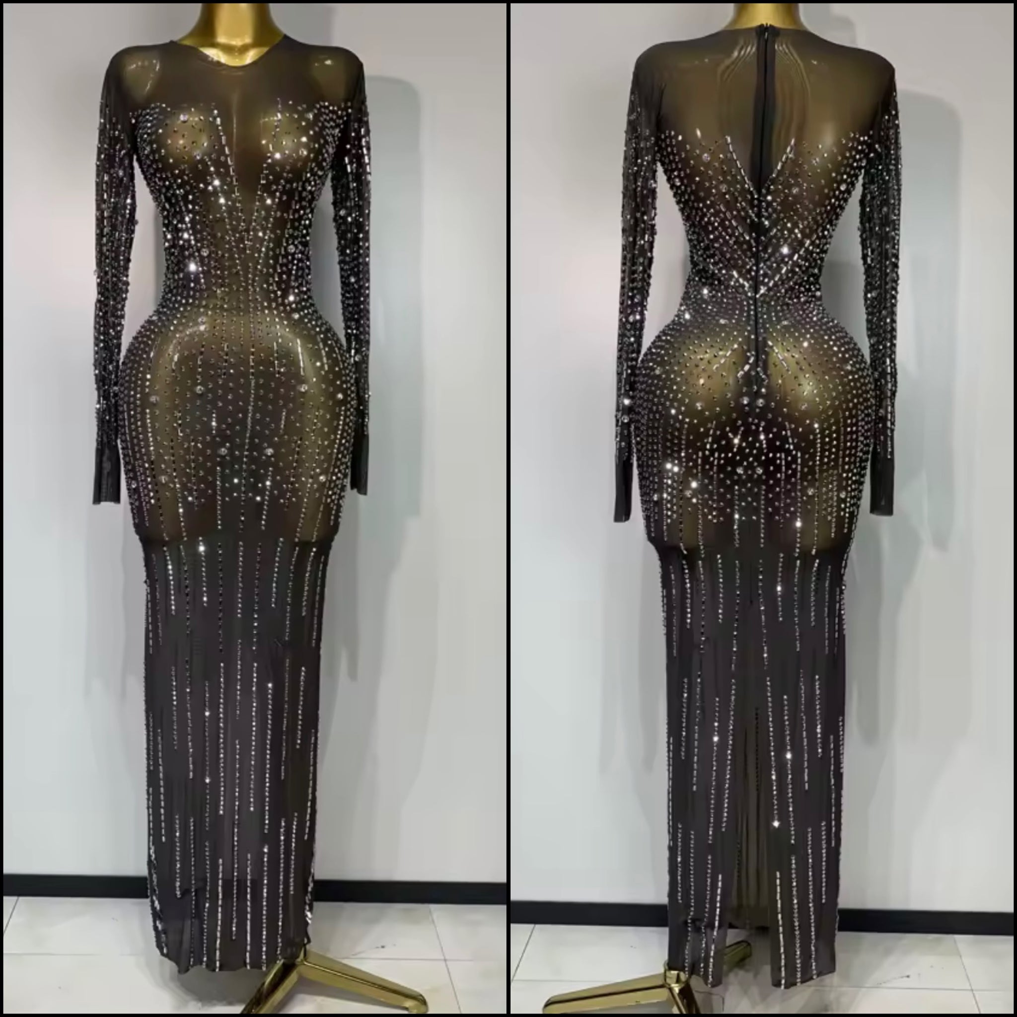 Women Sexy Black Rhinestone Full Sleeve Mesh Maxi Dress