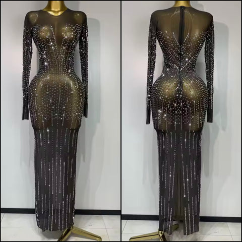 Women Sexy Black Rhinestone Full Sleeve Mesh Maxi Dress