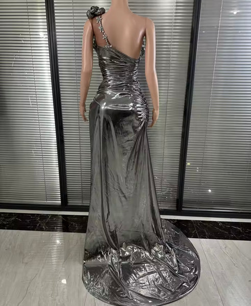 Women Sexy Sleeveless Crystal Ruched Side Split PU Maxi Dress