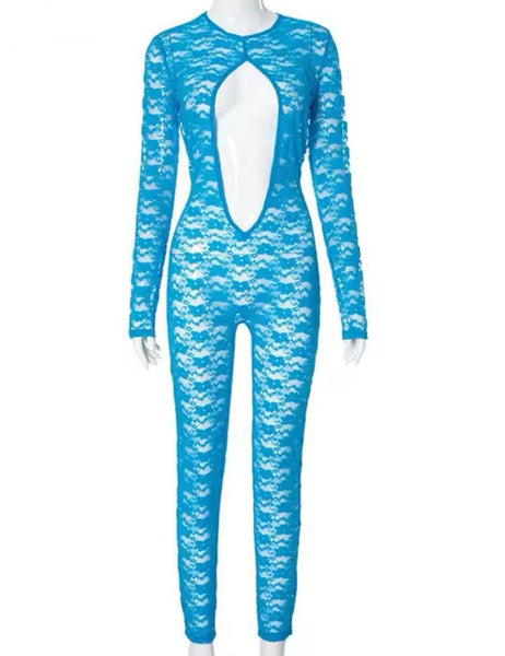 Women Sexy Lace Cut Out Full Sleeve Jumpsuit