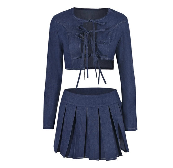 Women Sexy Fashion Denim Full Sleeve Pleated Two Piece Skirt Set