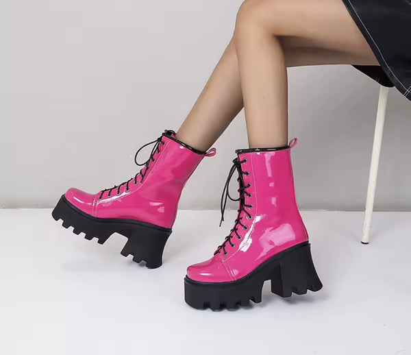 Women Fashion Patent Leather Lace Up Platform Ankle Boots
