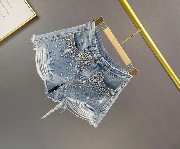 Women Fashion Ripped Rhinestone Patchwork Denim Shorts