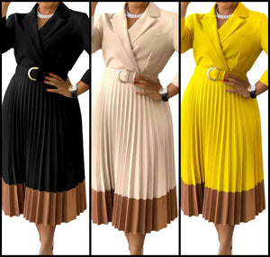 Women Fashion Color Patchwork Full Sleeve Pleated Blazer Dress