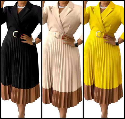 Women Fashion Color Patchwork Full Sleeve Pleated Blazer Dress