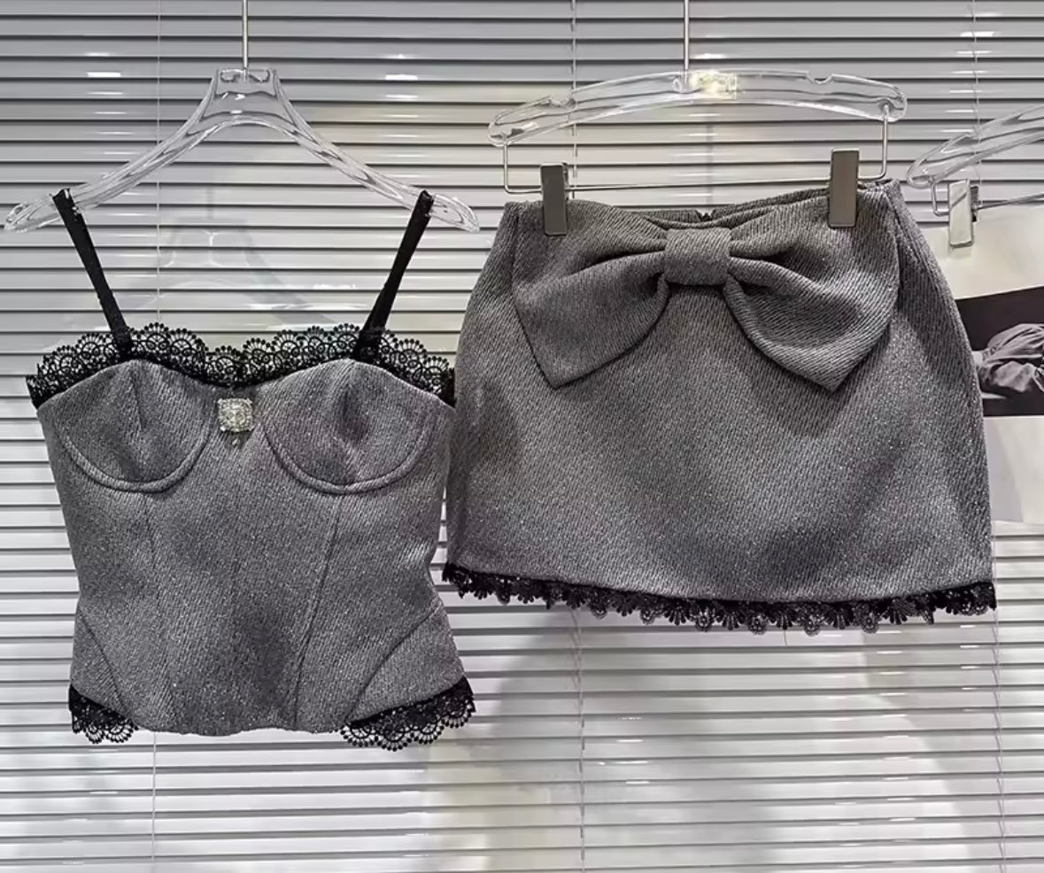 Women Sexy Sleeveless Lace Tweed Bow Two Piece Skirt Set