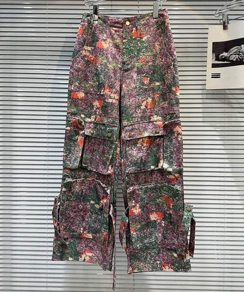 Women Purple Floral Fashion Button Up Vest Two Piece Denim Cargo Pant Set