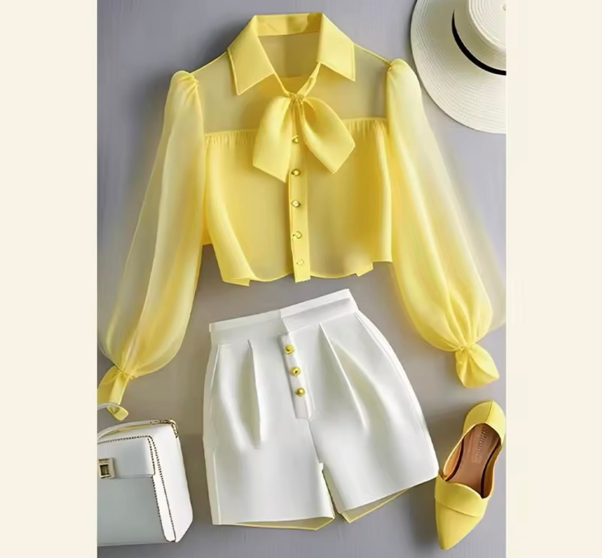 Women Fashion Button Up Mesh Full Sleeve Two Piece Short Set