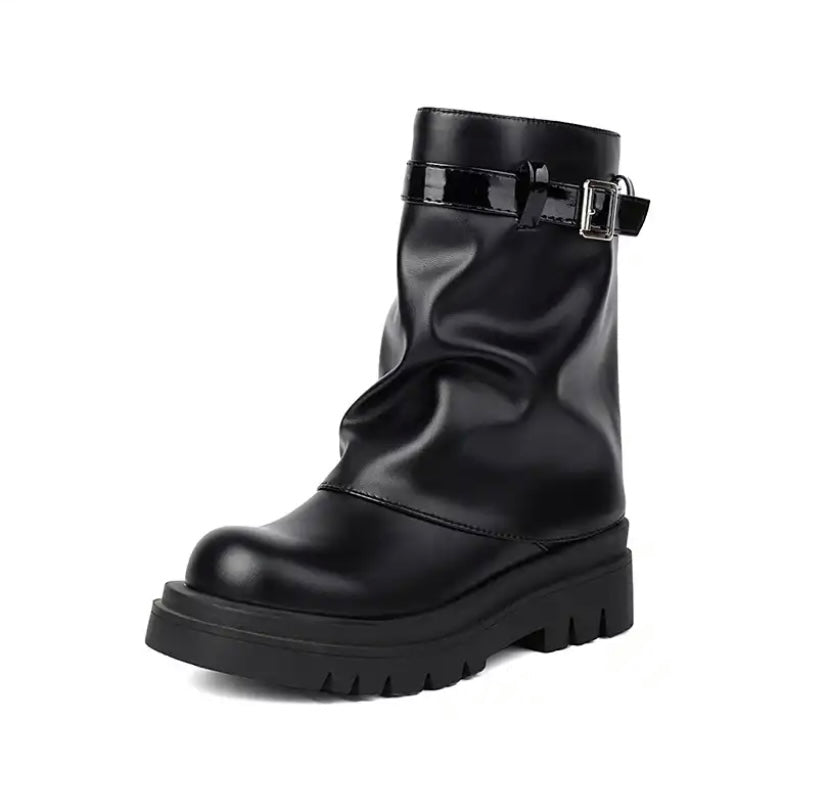 Women Fashion Faux Leather Ankle/Mid Calf Buckled Flat Boots