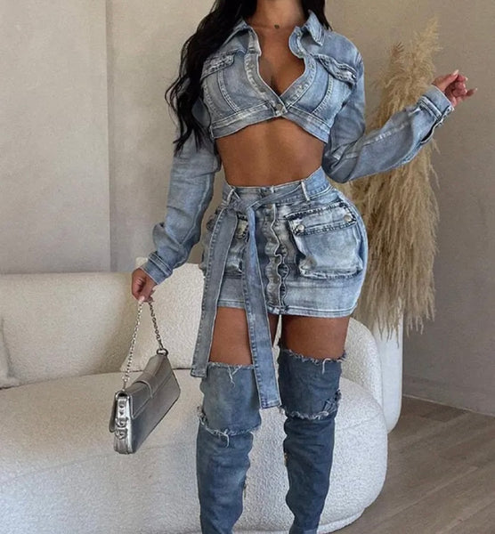 Women Fashion Two Piece Pocket Denim Crop Jacket Skirt Set