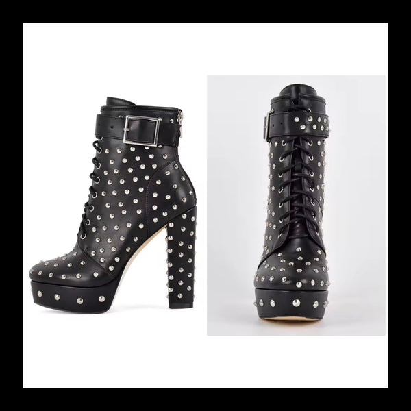 Women Fashion Black Rivet High Heel Ankle Strap Buckle Boots