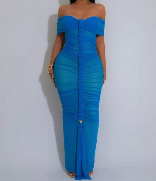 Women Sexy Off The Shoulder Color Mesh Ruched Maxi Dress