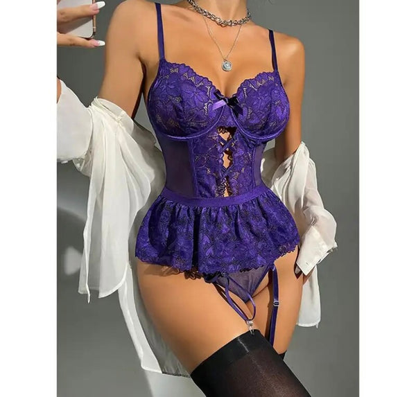 Women Sexy Sleeveless Lace Bodysuit Lingerie Set