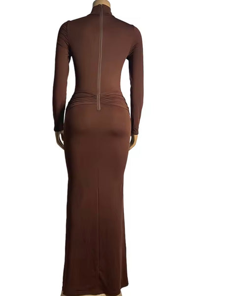 Women Sexy Metal Ruched Full Sleeve Maxi Dress