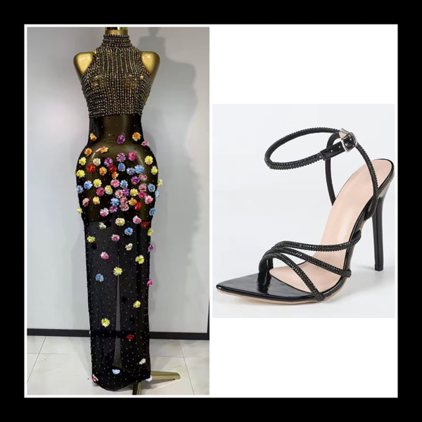 Women Sexy Sleeveless Bling Floral Mesh Maxi Dress