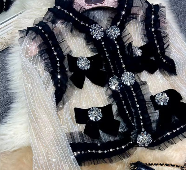 Women B&W Beaded Rhinestone See Through Mesh Jacket