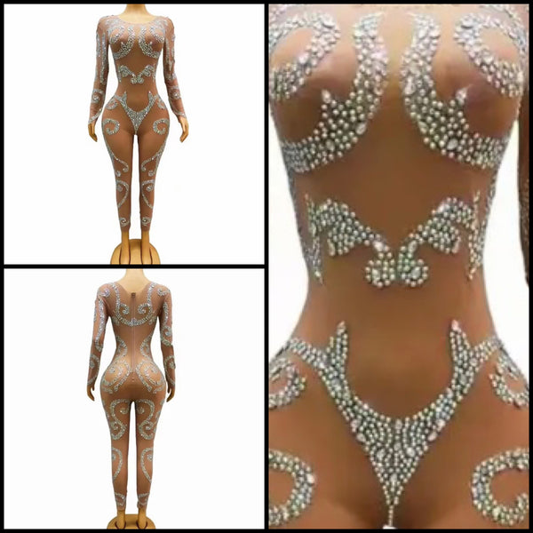 Women Sexy Nude Bling Full Sleeve Jumpsuit