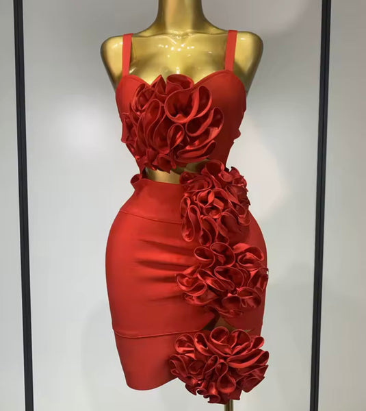 Women Red Sleeveless 3D Floral Cut Out Sexy Dress