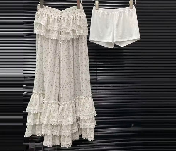 Women Ruffled Floral Full Sleeve Three Piece Maxi Skirt Set