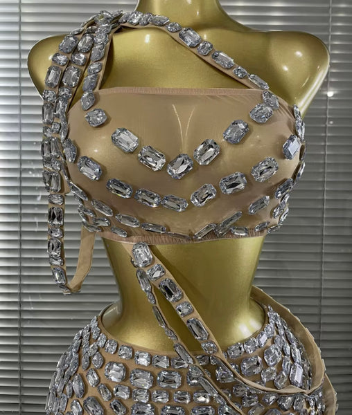 Women One Shoulder Sleeveless Rhinestone PU Mesh Two Piece Short Set