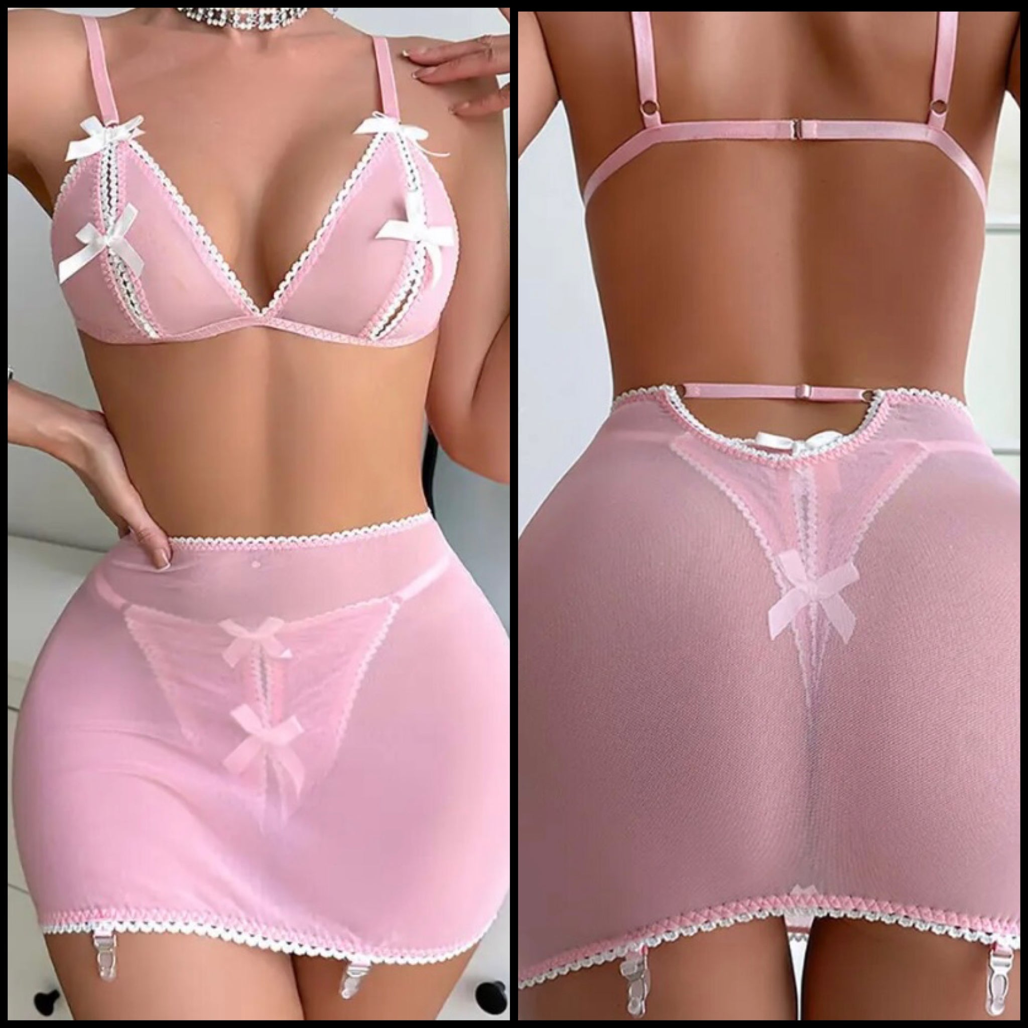 Women Sexy Pink/White Bow Mesh Lingerie Set