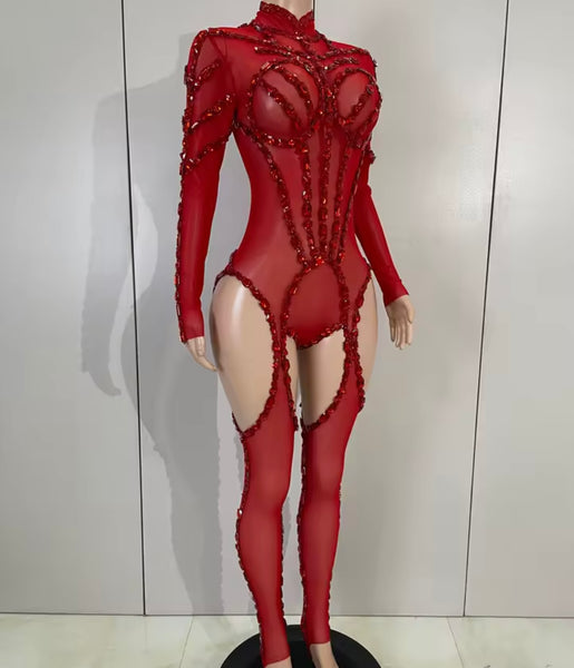 Women Mesh Crystal Full Sleeve Sexy Bodysuit Jumpsuit