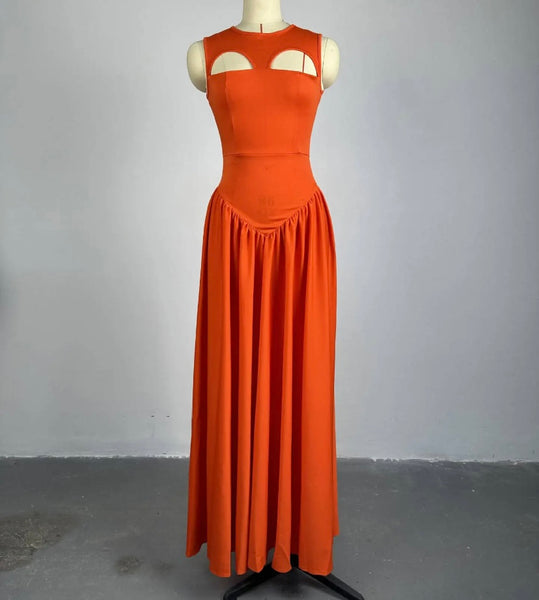 Women Orange Sexy Sleeveless Cut Out Pleated Maxi Dress