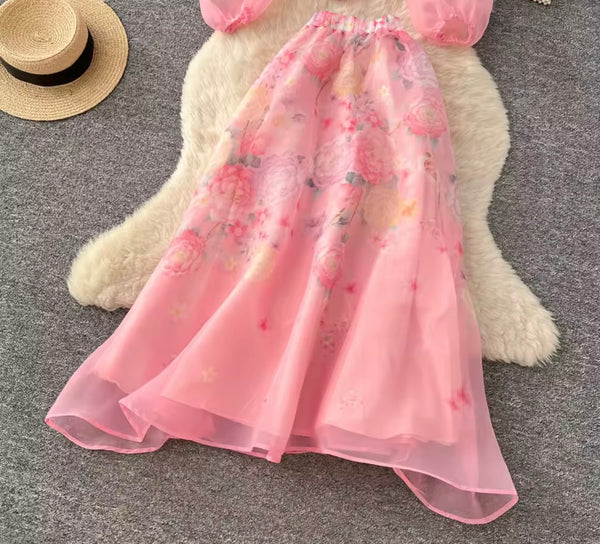 Women Button Up Floral Full Sleeve Chiffon Two Piece Skirt Set
