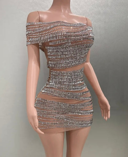 Women Sexy Off The Shoulder Short Sleeve Mesh Bling Dress