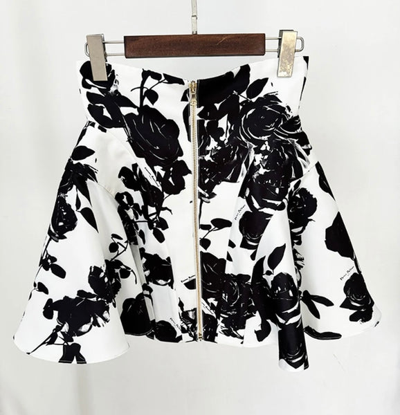 Women Sexy B&W Floral Two Piece Full Sleeve Skirt Set