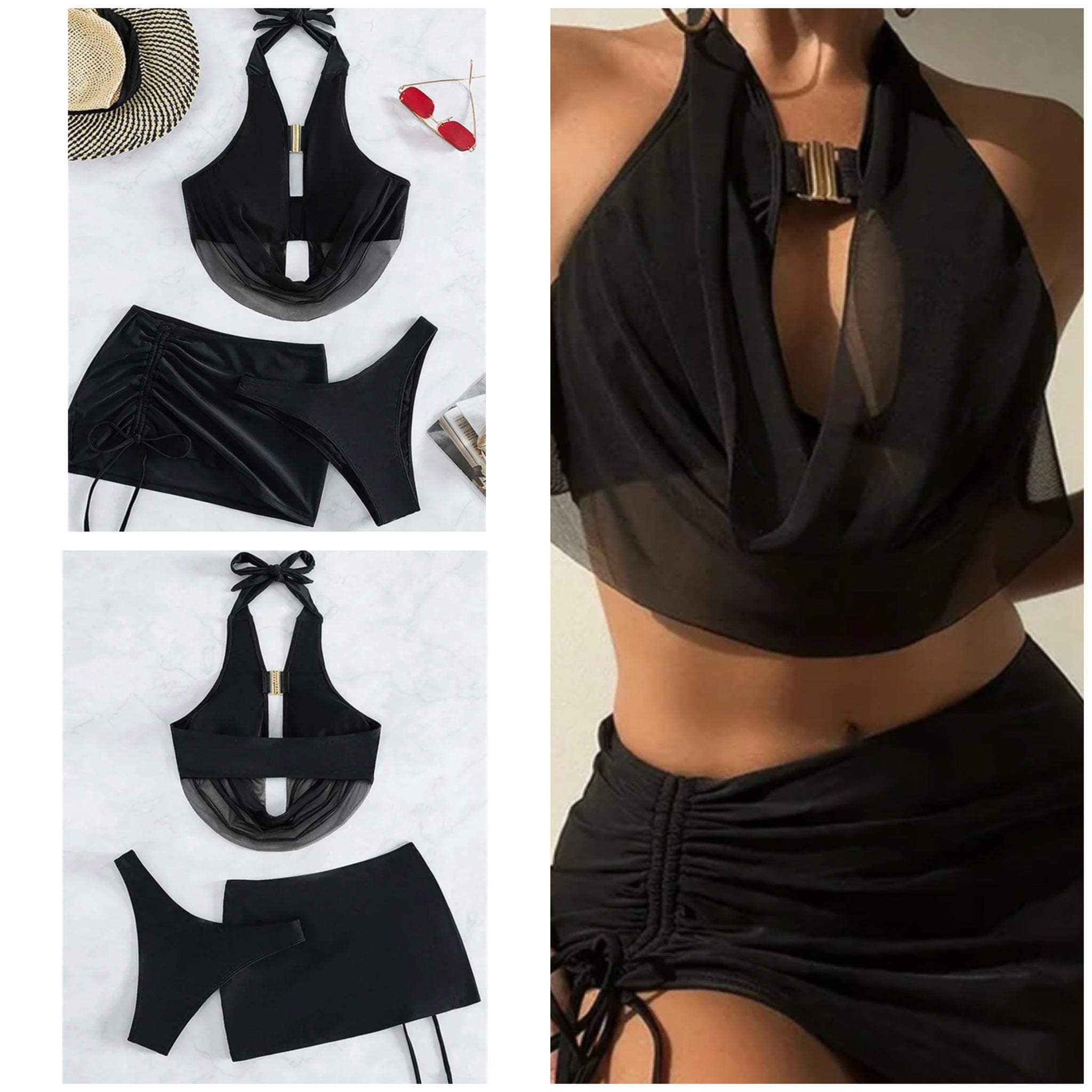 Women Sexy Black Halter Mesh Bikini Cover Up Set