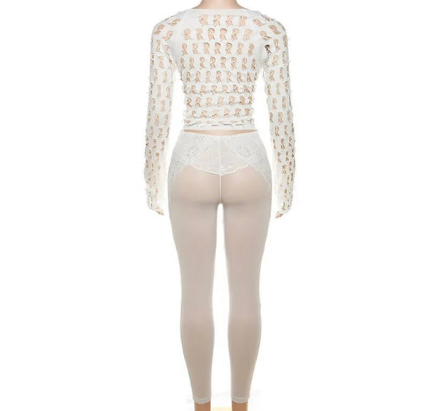 Women Sexy Fashion Solid Color Mesh Two Piece Pant Set