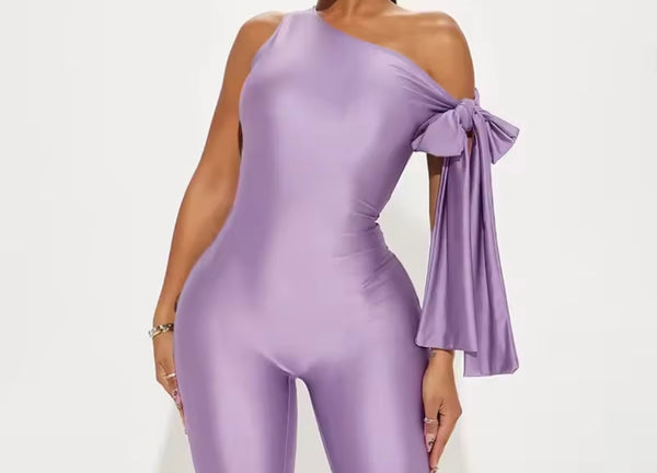 Women Sexy Purple Slant Shoulder Bow Jumpsuit