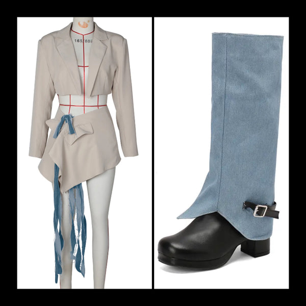 Women Fashion Denim Color Patchwork Buckled Platform Knee High Boots