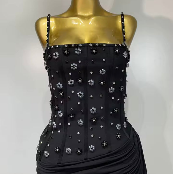 Women Sexy Black Sleeveless Beaded Tassel Maxi Dress