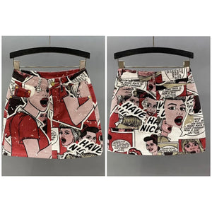 Women Fashion Cartoon Letter Print Denim Skirt