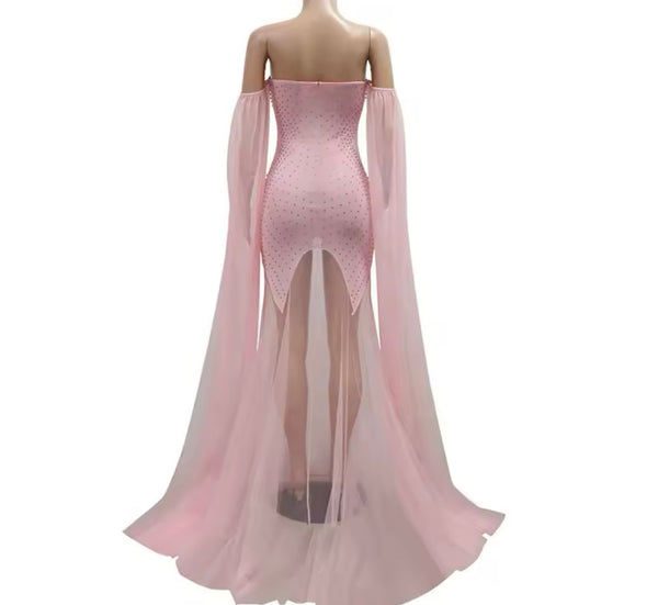 Women Sexy Strapless Beaded Mesh Maxi Dress