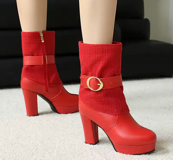 Women Color Round Toe Buckled Fashion High Heel Ankle Boots