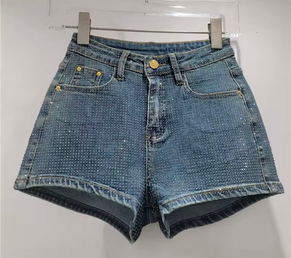 Women Fashion High Waist Bling Rhinestone Denim Shorts