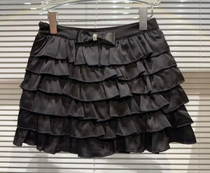 Women Fashion Color Ruffled Bow Skirt