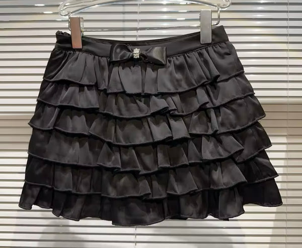 Women Fashion Color Ruffled Bow Skirt