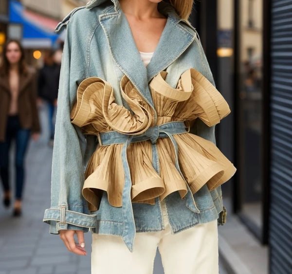 Women Fashion Color Ruffled Patchwork Denim Jacket