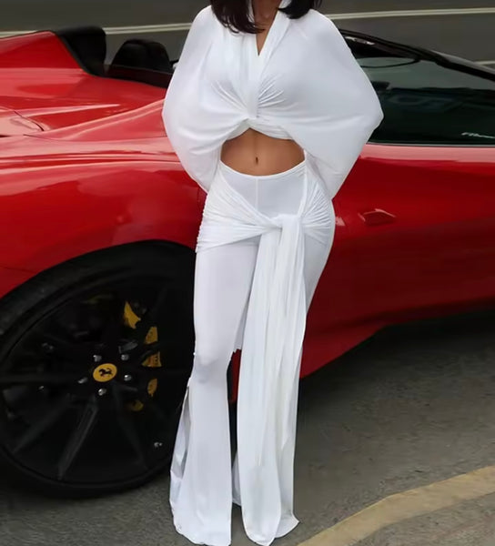 Women White Hooded Tie Up Full Sleeve Two Piece Pant Set